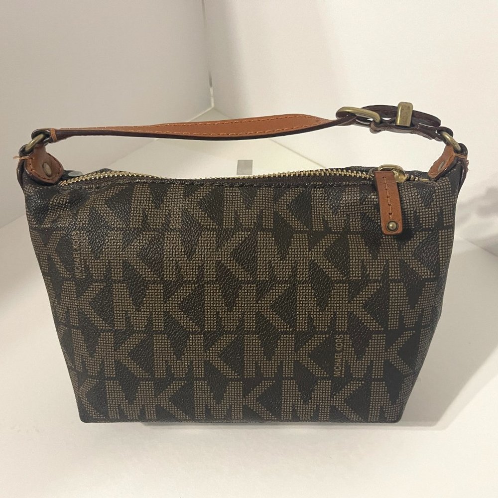 Michael Kors Small Leather Pouchette Shoulder Bag Brown MK Signature
